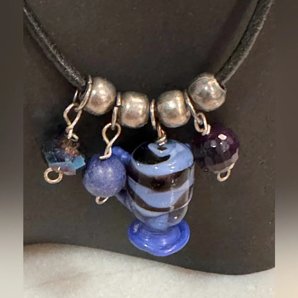 Cord necklace Elegant Blue and Silver Beaded - Picture 2 of 3